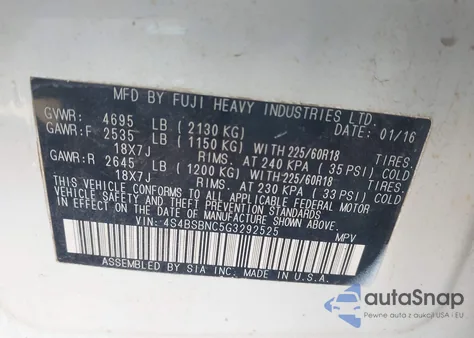 2016 Subaru Outback из США, поврежденный, VIN 4S4BSBNC5G329252